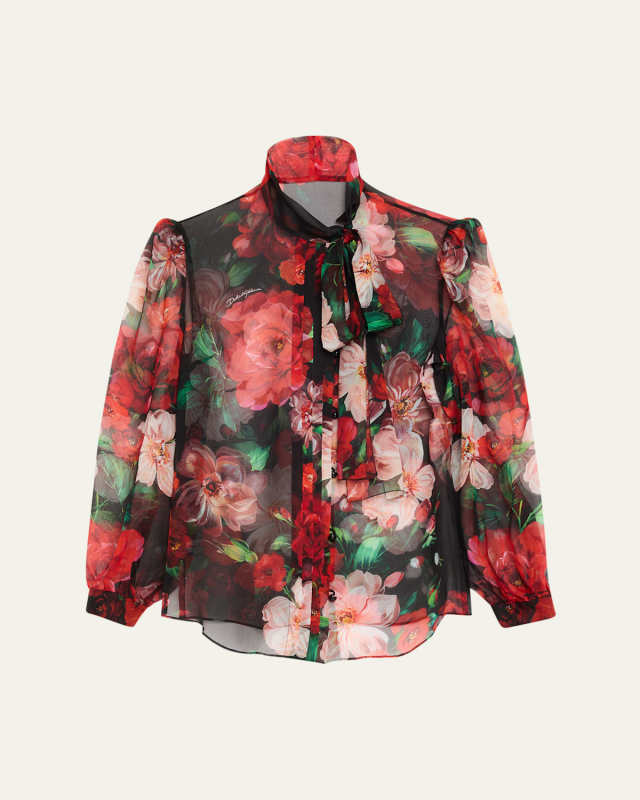 Rose Bouquet Chiffon Neck-Tie Blouse